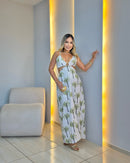 Vestido Longo Tropical Estampa Coqueiros & Recorte Central
